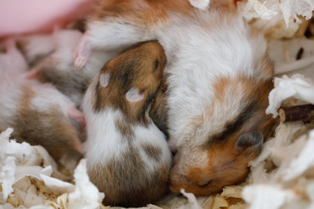 Close-up portrait of Syrian hamster mother with her baby hamster 10 days oldの写真素材