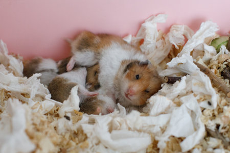 Rodent animals. Syrian hamster mother with her baby hamster 8 days oldの写真素材