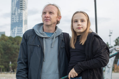 Happy family together. Young girl daughter and her father portraitの写真素材