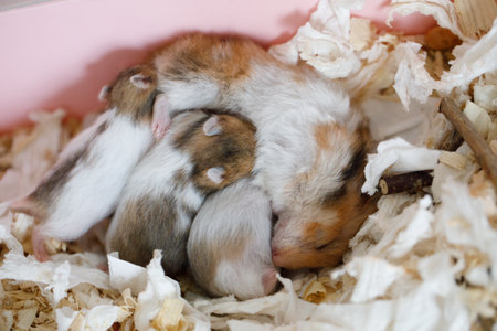 Adorable white, red and brown syrian hamster mother with her baby hamster 10 days oldの写真素材
