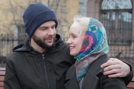 Happy couple. Man and woman in love, outdoors lifestyle portraitの写真素材
