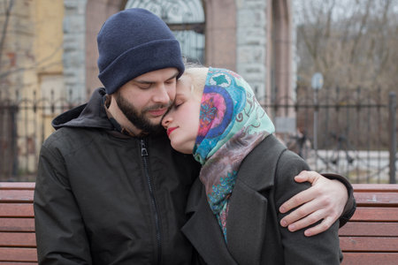 Loving couple. Man and woman in love, outdoors lifestyle portraitの写真素材