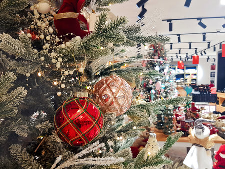 Festive Holiday Shopping Mall Decorated for Christmas Retail Seasonの写真素材