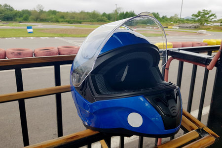 Blue go karting crash helmets outdoorsの写真素材