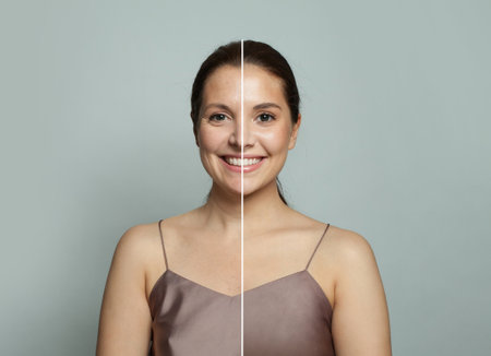 Laughing young model woman and mature woman. Two female faces collage set. Old and young faceの写真素材