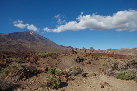 Volcanic landscape area next to a large mountainの写真素材