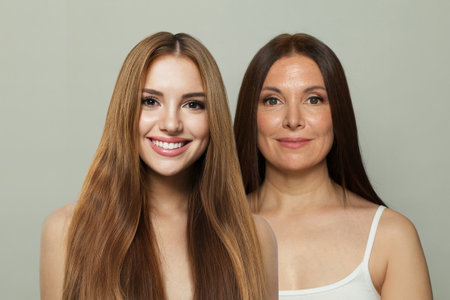 Beautiful young model woman and mature woman. Two female faces collage set. Old and young faceの写真素材