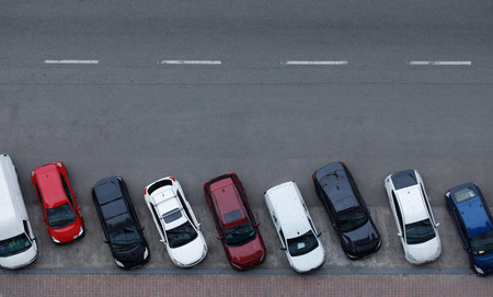 Parking line with colorful cars, top viewの写真素材