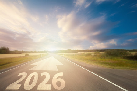 Motion, Future, Business Strategy and Success in New Year 2026 concept. Empty Road, Sunset Sky and...