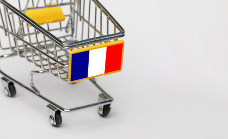 Shopping, VAT and retail in France concept. Shopping Cart with French flag on white backgroundの写真素材