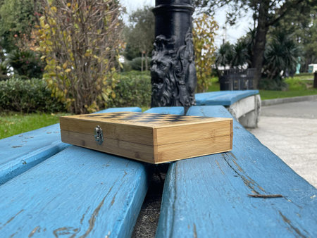 a chess board on the bench
