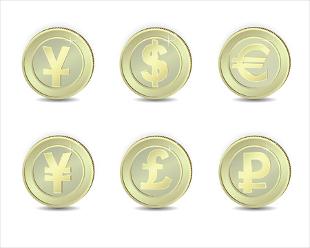 Coins with  symbols of exchange:  dollar, euro, pound, ruble, yuan, yen.のイラスト素材