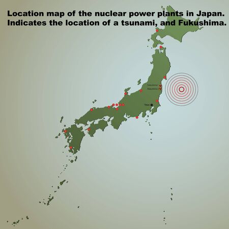 Location map of the nuclear power plants in Japan. Indicates the location of a tsunami, and Fukushima.のイラスト素材