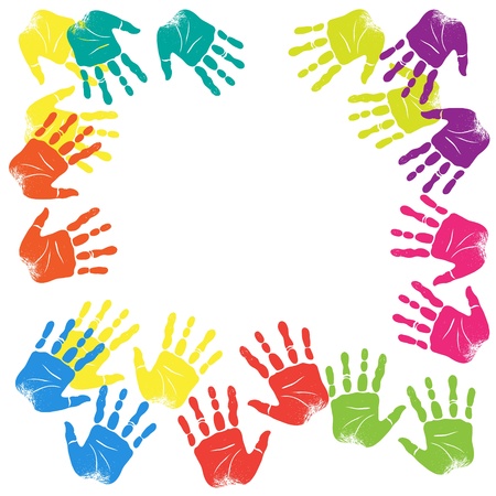 Illustration with place for text with prints of children's hands.のイラスト素材