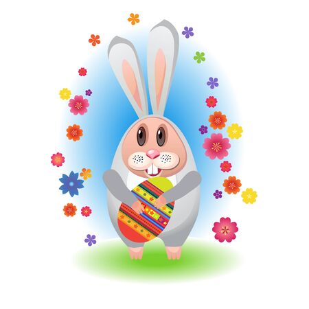 Easter song. Rabbit with eggs for Easter with flowers のイラスト素材