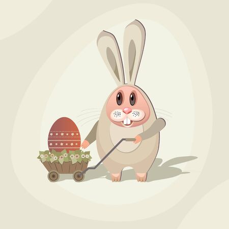 Illustration for Easter. Rabbit with the Easter egg in the cart with flowers.のイラスト素材