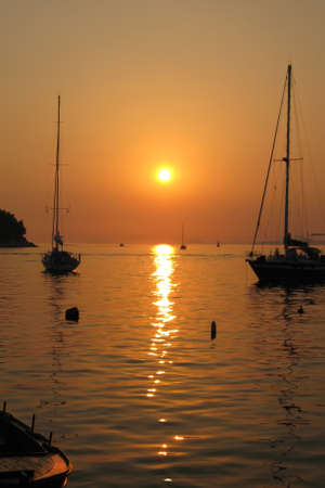 Dubrovnik Croatia sea view. Beautiful view of the sea, sunset and yachtsの写真素材