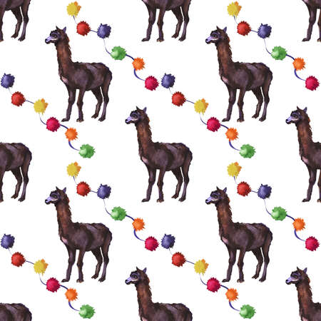 Watercolour llama alpaca wildlife seamless pattern. Lama is South America symbol. Cute happy alpaca hand painted illustration  creative painting backgroundの写真素材