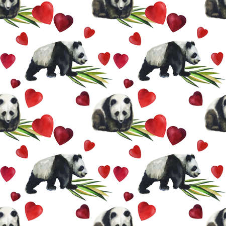 Hand drawn watercolor pattern with panda, bamboo leaves. Seamless patternsの写真素材