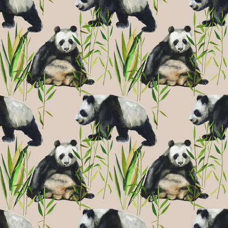 Hand drawn watercolor pattern with panda, bamboo leaves. Seamless patternsの写真素材