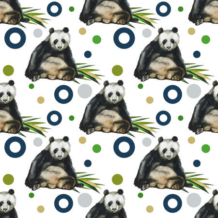 Hand drawn watercolor pattern with panda, bamboo leaves. Seamless patternsの写真素材