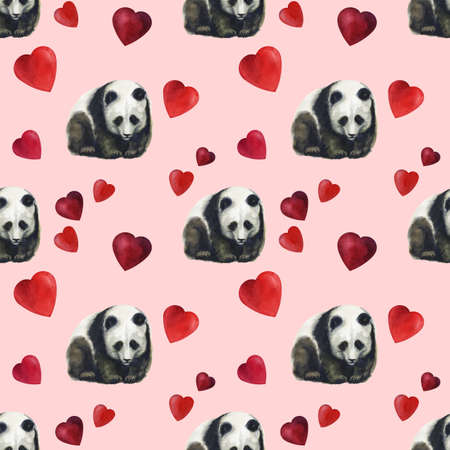 Hand drawn watercolor pattern with panda, bamboo leaves. Seamless patternsの写真素材