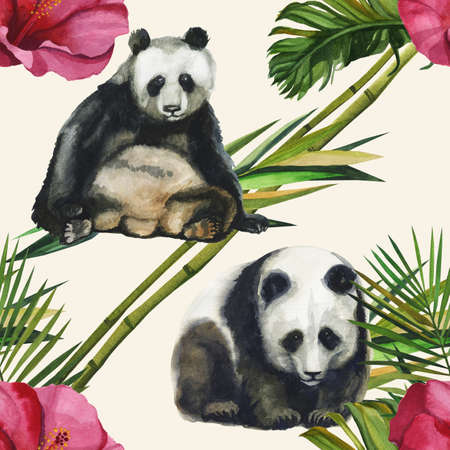 Hand drawn watercolor pattern with panda and exotic flowers, bamboo leaves. Seamless patternsの写真素材