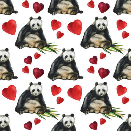 Hand drawn watercolor pattern with panda, bamboo leaves. Seamless patternsの写真素材