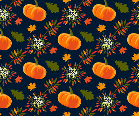 Vector autumn leaves and pumpkin, halloween pattern. Floral stock vector illustrationのイラスト素材