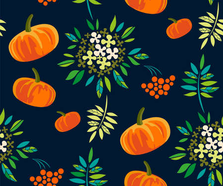 Vector autumn leaves and pumpkin, halloween pattern. Floral stock vector illustrationのイラスト素材