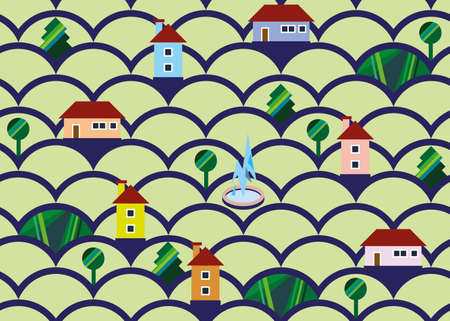 Town seamless pattern with colour houses and graphic treesのイラスト素材