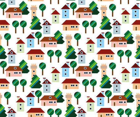 Town seamless pattern with colour houses and graphic treesのイラスト素材