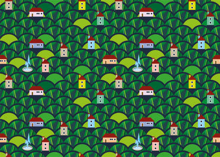 Town seamless pattern with colour houses and graphic treesのイラスト素材