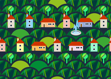 Town seamless pattern with colour houses and graphic treesのイラスト素材