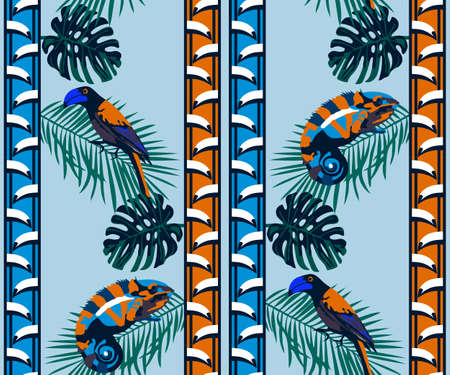 Vector chameleons and exotic birds pattern. Ethnic seamless pattern ornament. Vector pattern.