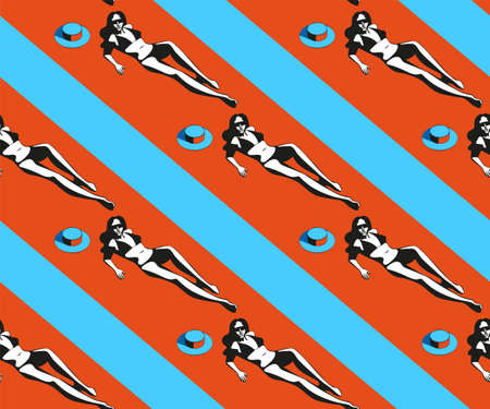 Beautiful woman tanning, with sunglasses, hat, at the beach, retro style. Pop art. Summer holiday. Vector seamless pattern illustrationのイラスト素材