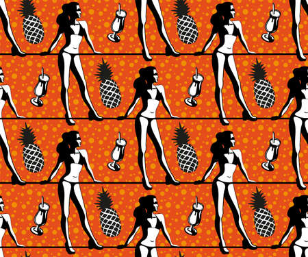 Beautiful woman tanning, with sunglasses, hat, at the beach, retro style. Pop art. Summer holiday. Vector seamless pattern illustrationのイラスト素材