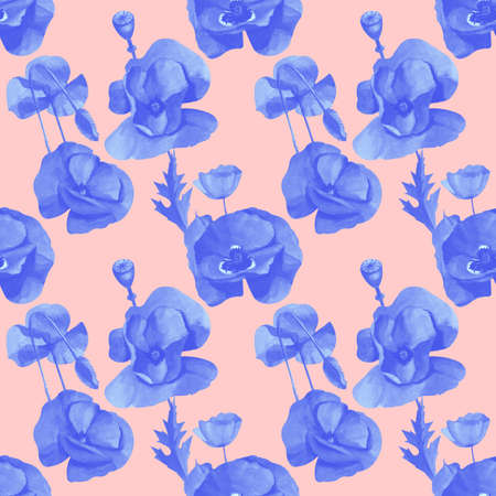 Watercolor seamless pattern with wild red poppiesの写真素材