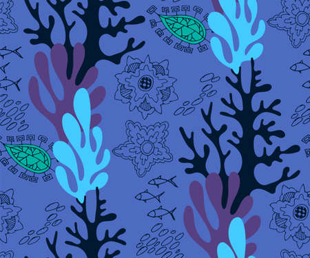 Hand drawn underwater natural ocean elements. Seamless pattern with reef corals. Vector sketchのイラスト素材