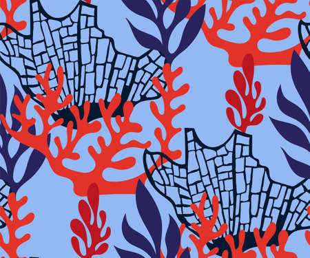 Hand drawn underwater natural ocean elements. Seamless pattern with reef corals. Vector sketch