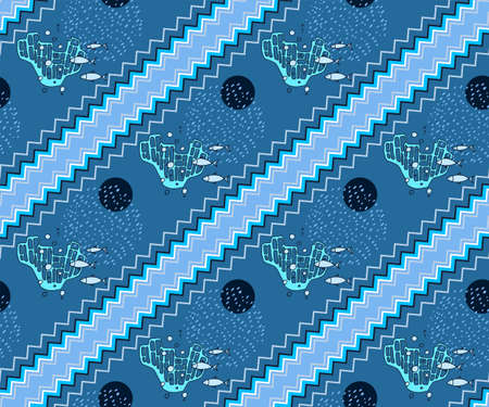 Hand drawn underwater natural ocean elements. Seamless pattern with reef corals. Vector sketch....