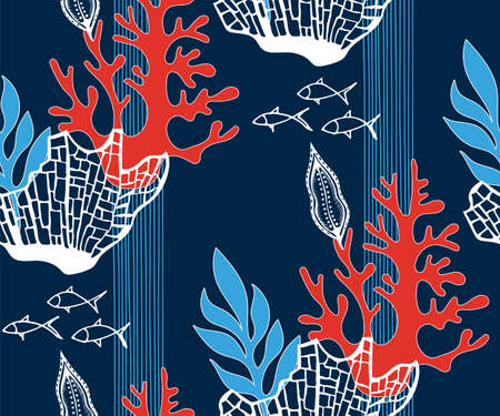 Hand drawn underwater natural ocean elements. Seamless pattern with reef corals. Vector sketch