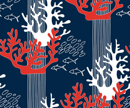 Hand drawn underwater natural ocean elements. Seamless pattern with reef corals. Vector sketchのイラスト素材