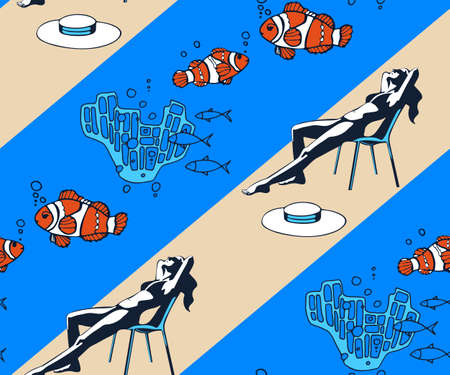 Hand drawn underwater natural ocean elements. Seamless pattern with reef corals. Vector sketch....