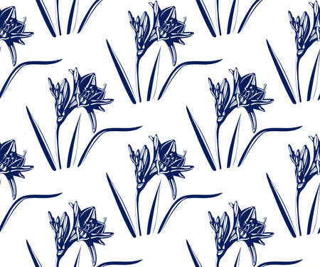 Vector Lily flowers seamless patern. Hand drawn ink illustration. Wallpaper or fabric design.のイラスト素材