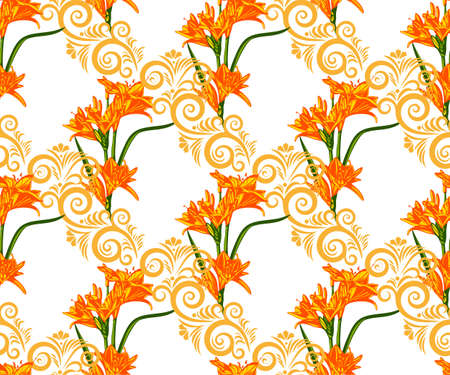 Vector Lily flowers seamless patern. Hand drawn ink illustration. Wallpaper or fabric design.のイラスト素材