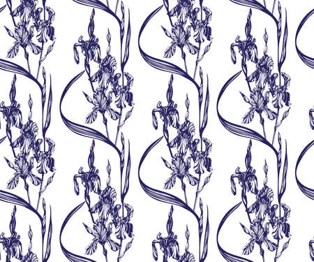 Vector Iris flowers seamless pattern. Hand drawn ink illustration. Wallpaper or fabric design vector illustrationのイラスト素材