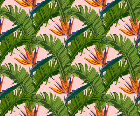 Tropical wildlife seamless pattern. Tropical leaves and flowers vector patternのイラスト素材