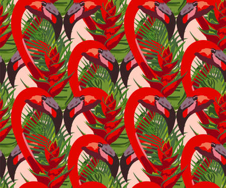Watercolor tropical wildlife, flamingo bird, seamless pattern. Hand Drawn jungle nature, flowers illustration. Print for textile, cloth, wallpaper, scrapbookingのイラスト素材