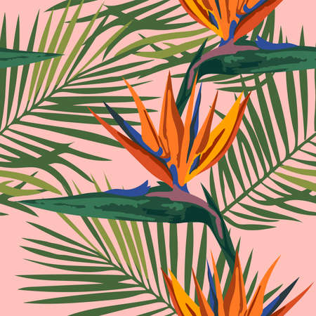Vector tropical flowers and leaves pattern. Exotic seamless pattern ornament. Vector pattern.のイラスト素材